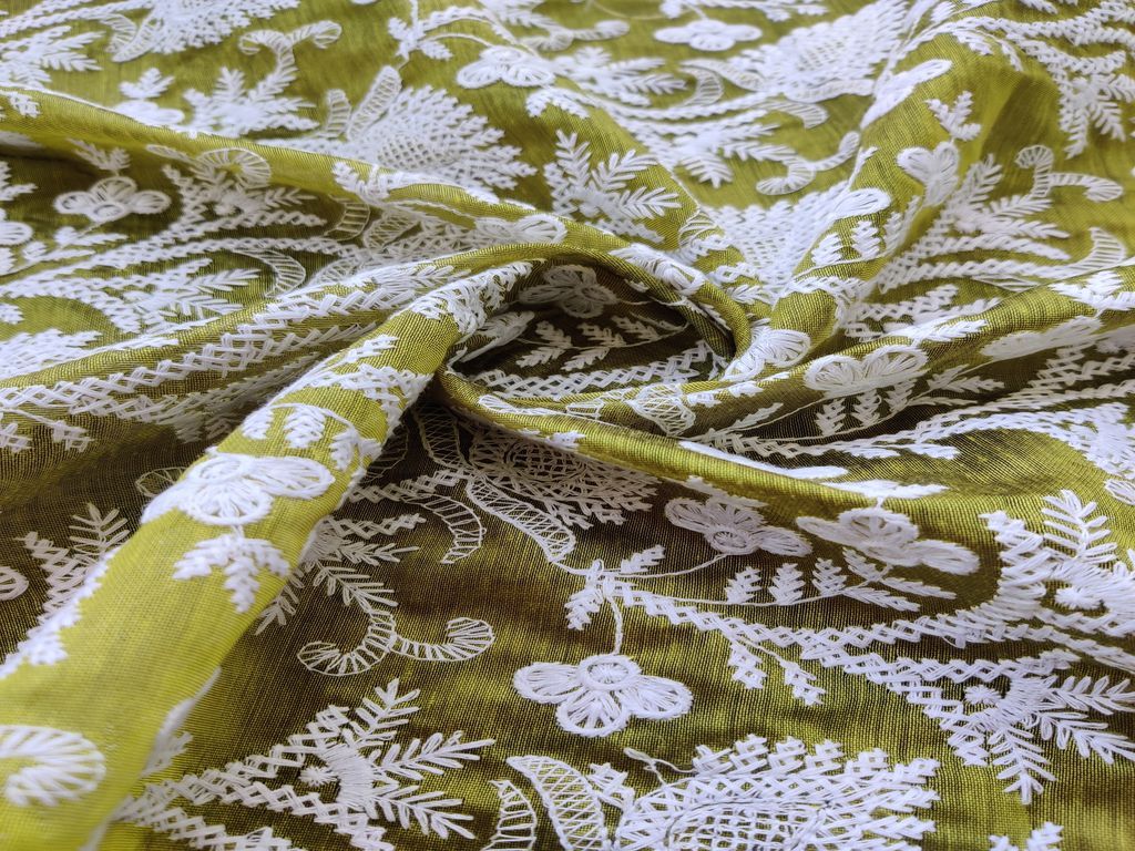Green White Flowers Embroidered Chikankari Chanderi Fabric