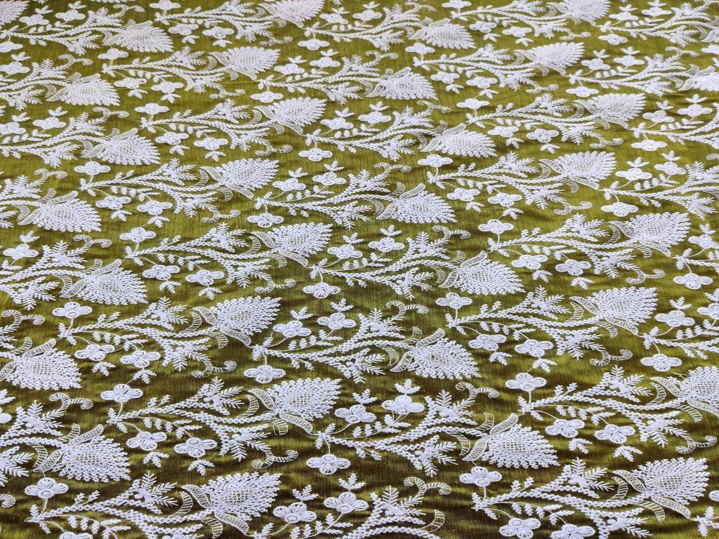 Green White Flowers Embroidered Chikankari Chanderi Fabric