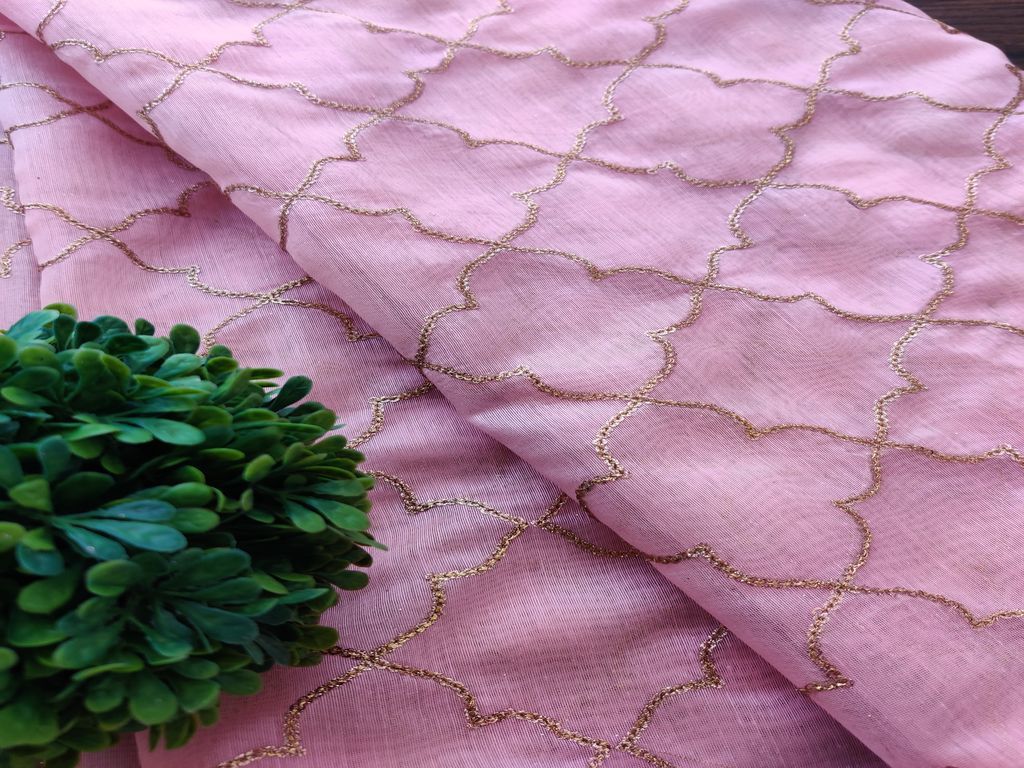 Pink Golden Geometric Sequins Embroidered Chanderi Fabric