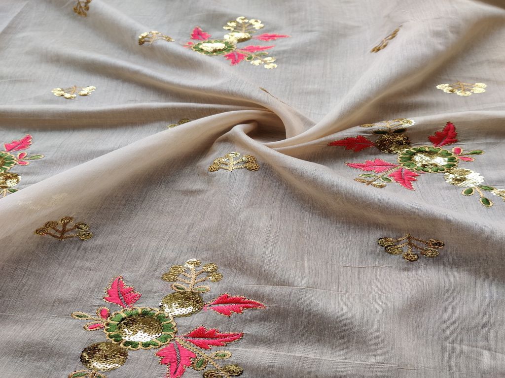 Beige Sequins Flowers Embroidered Chanderi Fabric