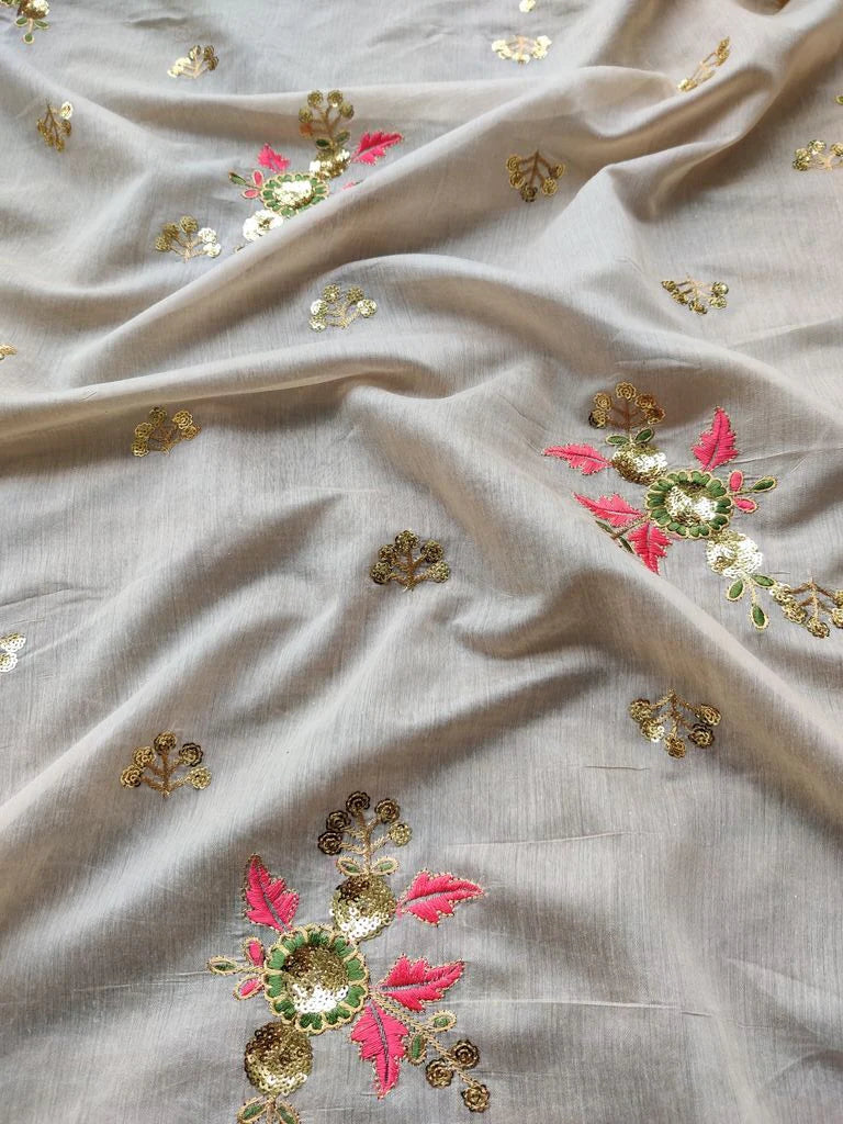 Beige Sequins Flowers Embroidered Chanderi Fabric
