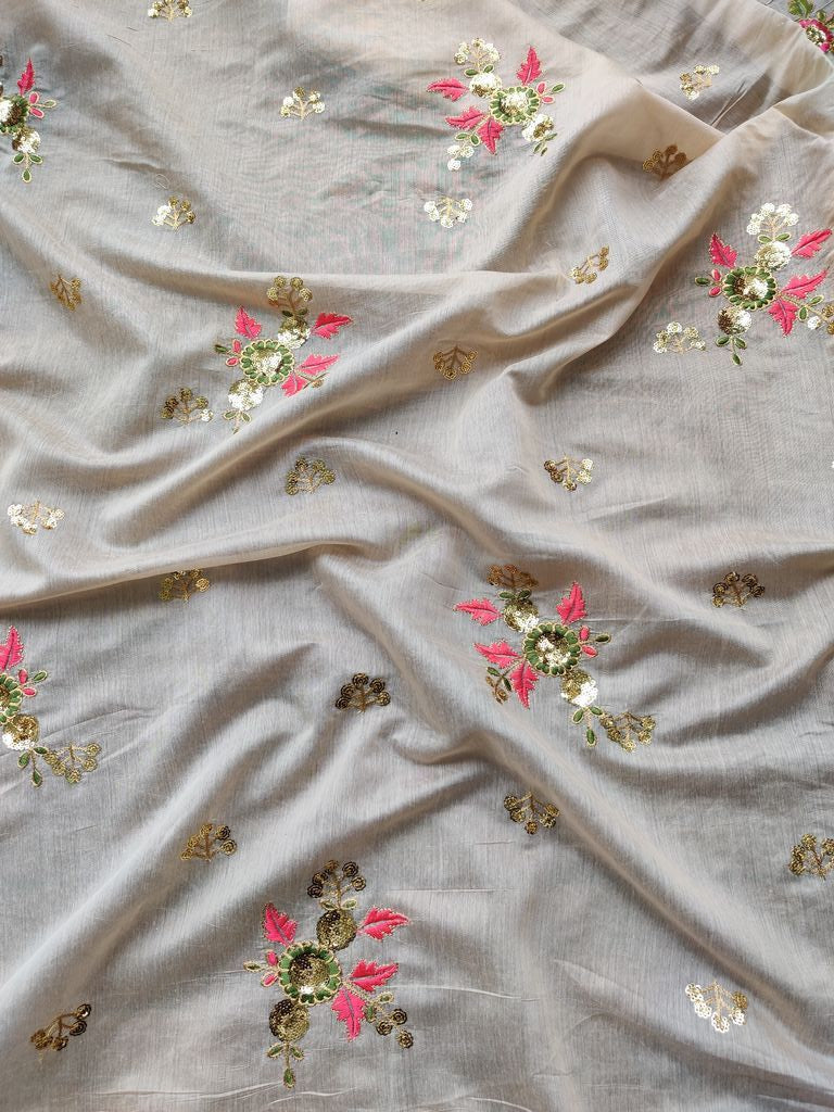 Beige Sequins Flowers Embroidered Chanderi Fabric