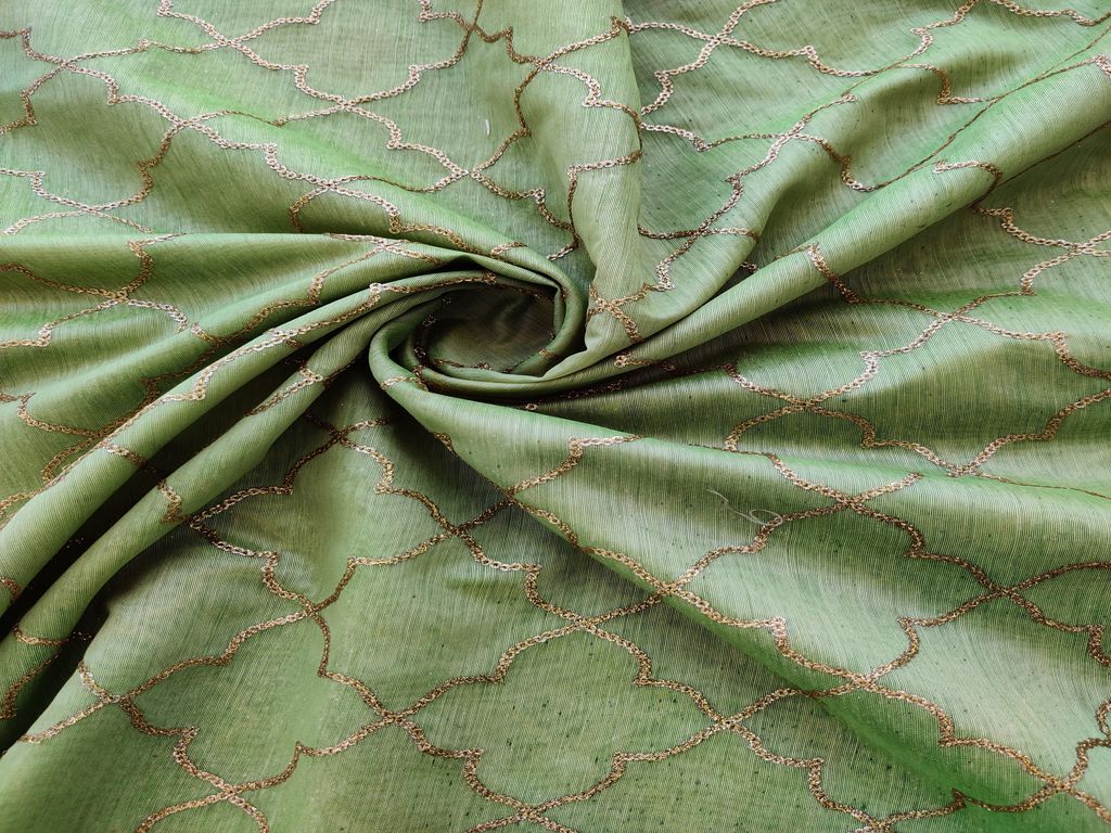 Green Geometric Sequins Embroidered Chanderi Fabric