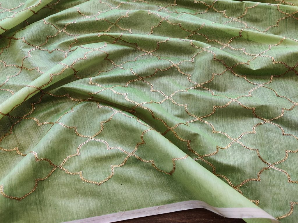 Green Geometric Sequins Embroidered Chanderi Fabric