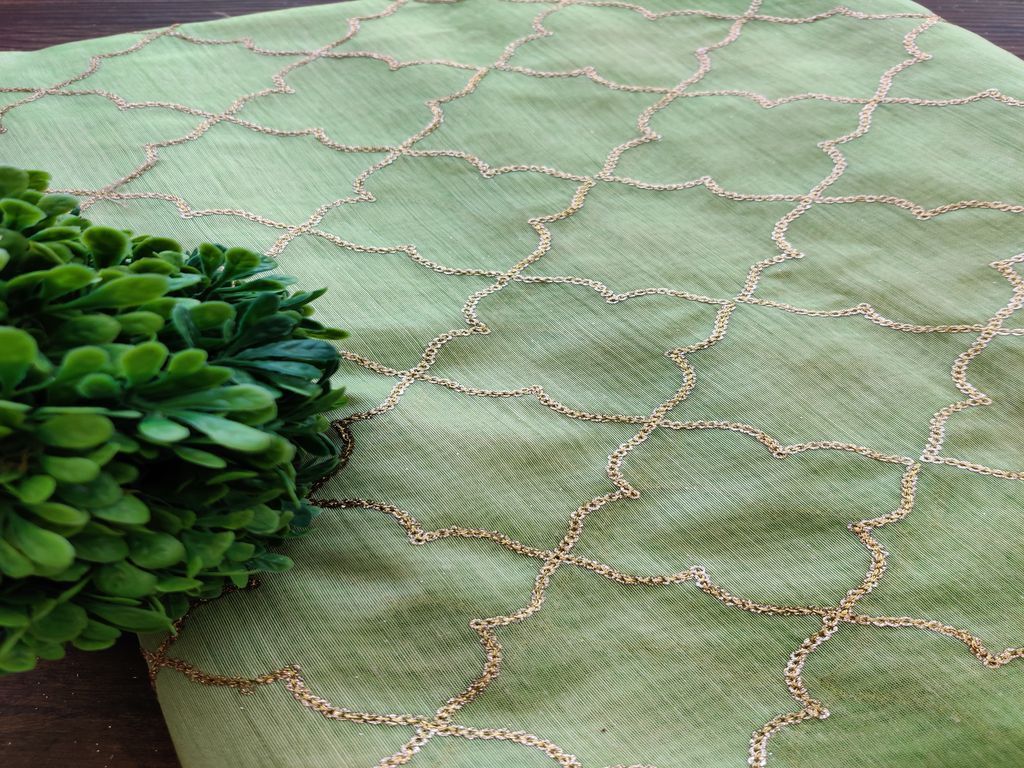 Green Geometric Sequins Embroidered Chanderi Fabric