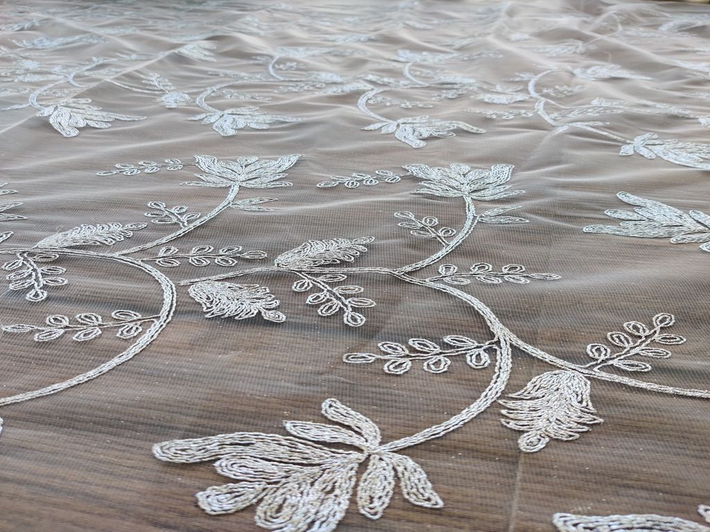 Silver Flowers Dori Jaal Embroidered Net Fabric