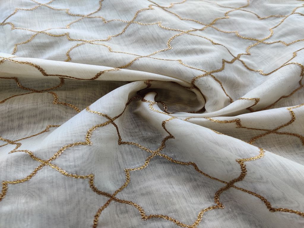 Off White Geometric Sequins Embroidered Chanderi Fabric