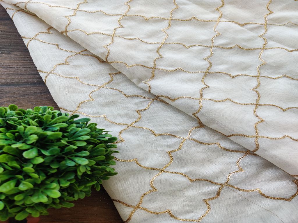 Off White Geometric Sequins Embroidered Chanderi Fabric