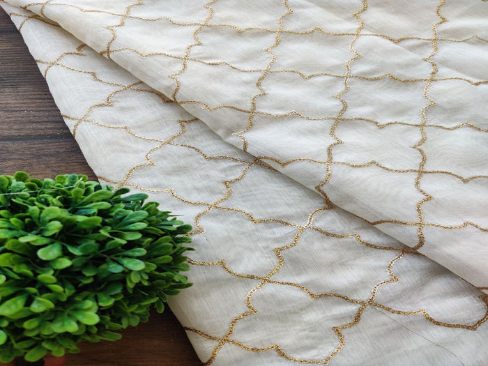 Off White Geometric Sequins Embroidered Chanderi Fabric