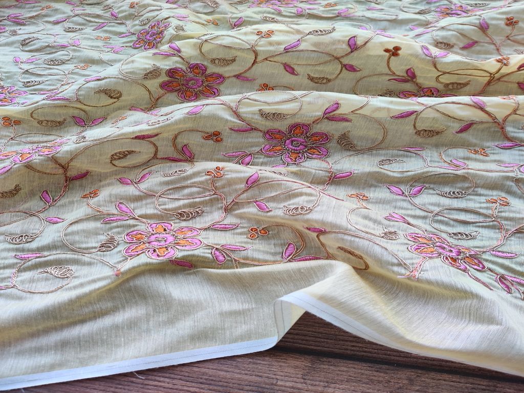 Yellow Flowers Dori Embroidered Chanderi Fabric