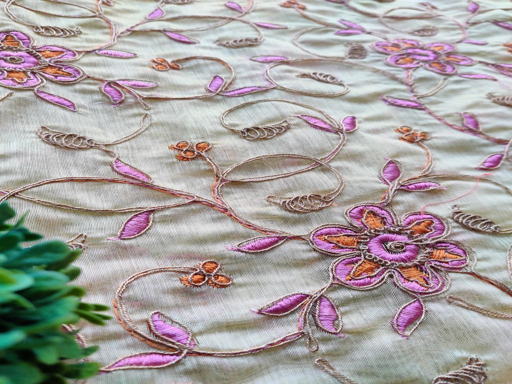 Yellow Flowers Dori Embroidered Chanderi Fabric