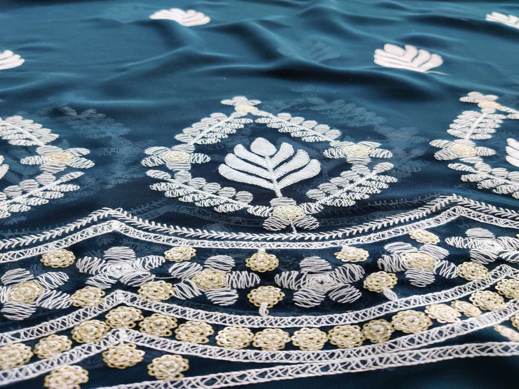 Teal Green & Rose Gold Traditional Lakhnawi Embroidered Georgette Fabric