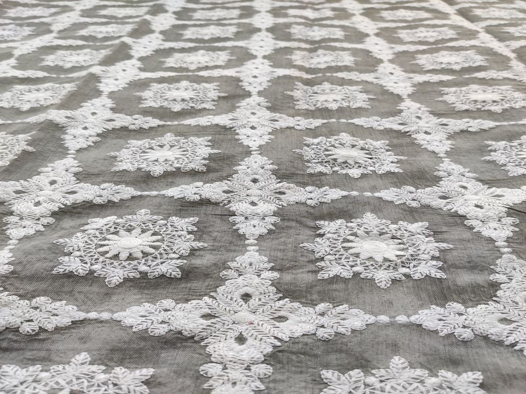 Gray White Chikankari Embroidered Chanderi Fabric