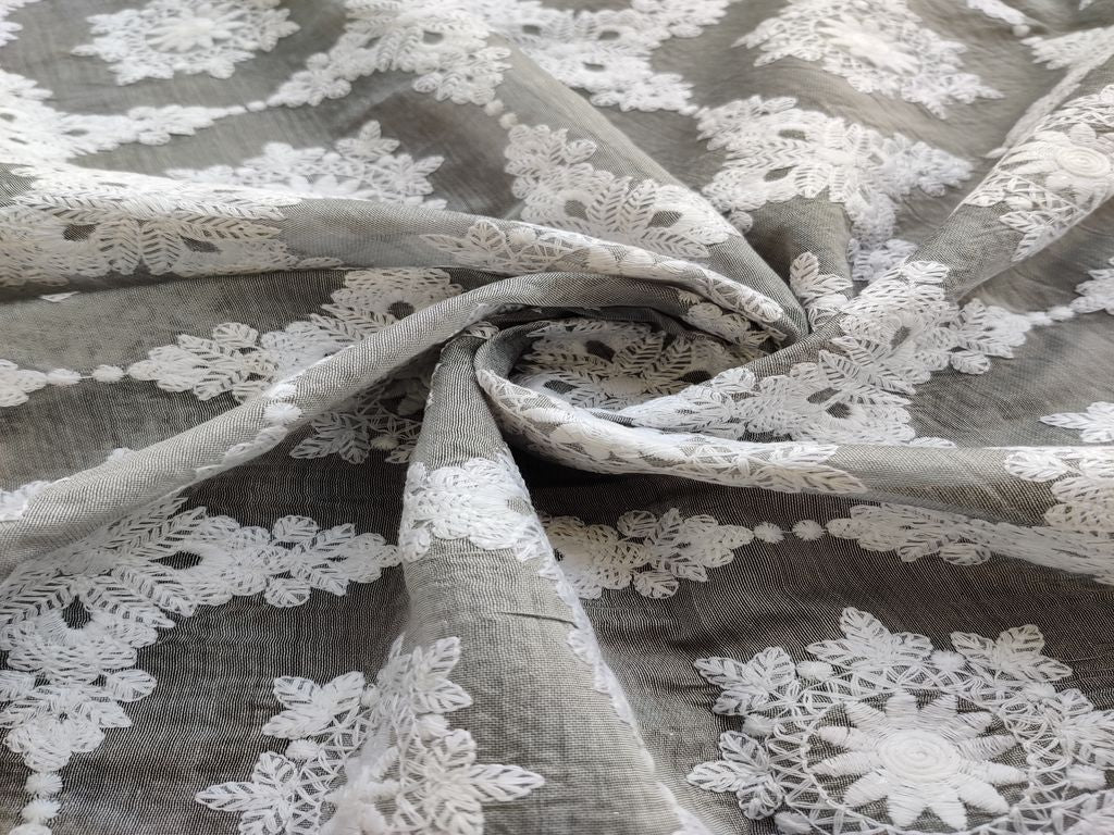 Gray White Chikankari Embroidered Chanderi Fabric