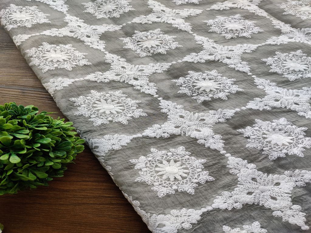Gray White Chikankari Embroidered Chanderi Fabric