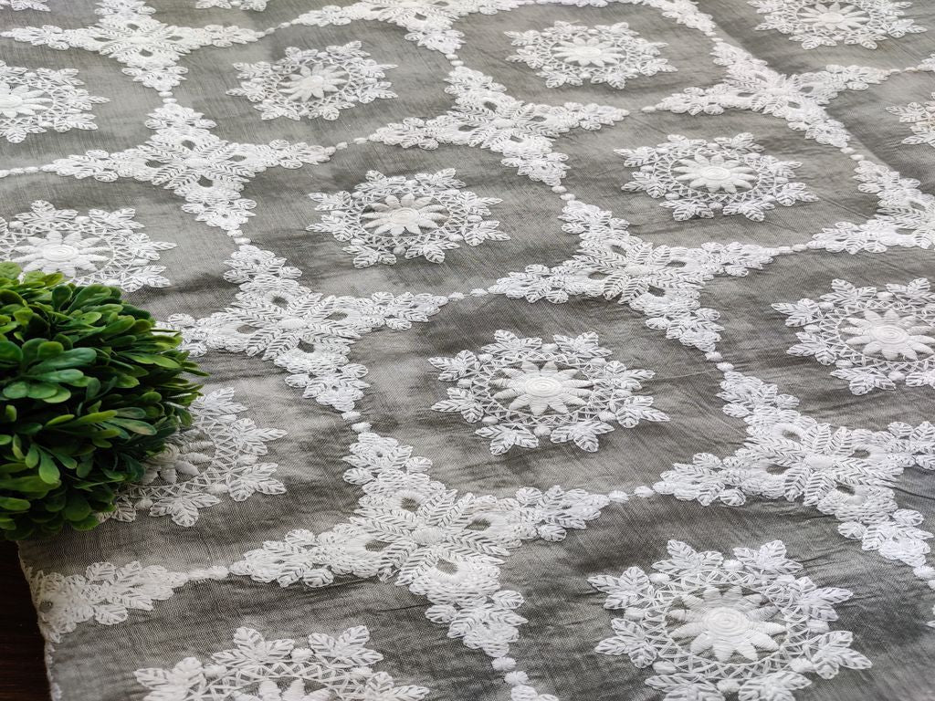 Gray White Chikankari Embroidered Chanderi Fabric