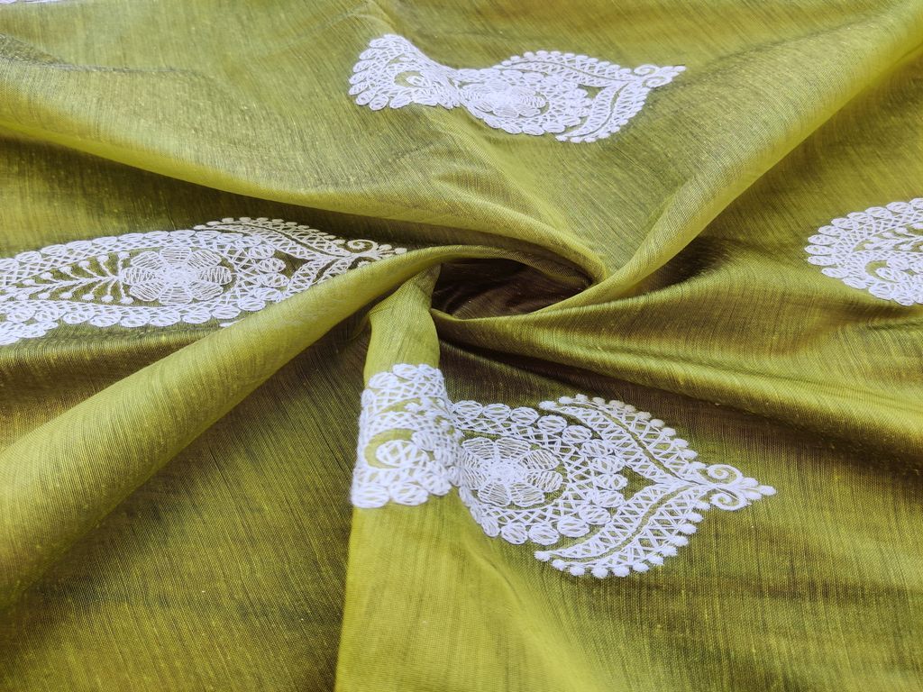 Parrot Green White Lakhnawi Motifs Embroidered Chanderi Fabric
