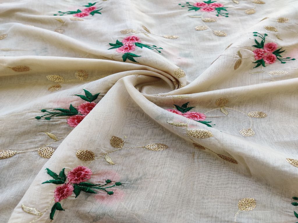 Beige Floral Sequins & Thread Embroidered Chanderi Fabric