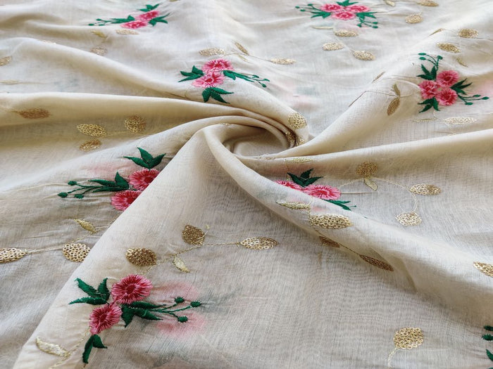 Beige Floral Sequins & Thread Embroidered Chanderi Fabric