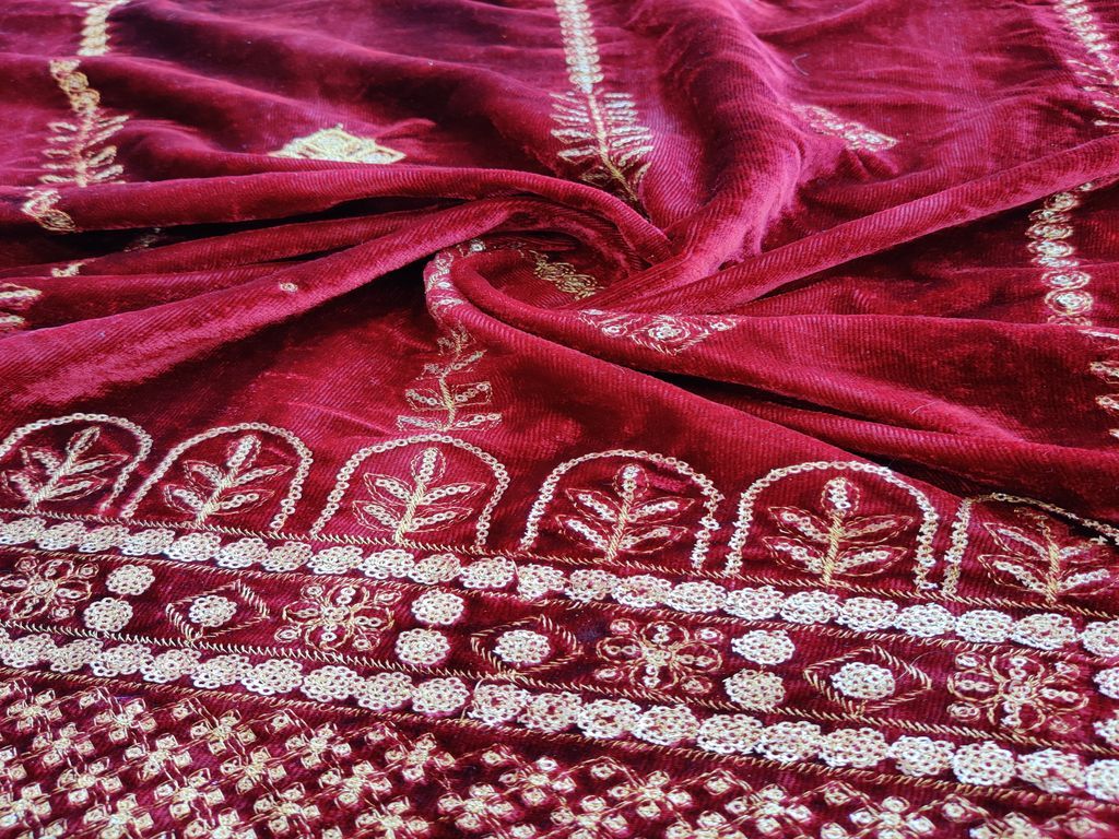 Maroon Golden Sequins Embroidered Velvet Fabric