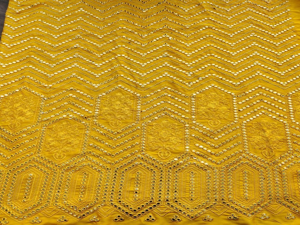 Mustard Silver Geometric Mirror Work Embroidered Satin Fabric