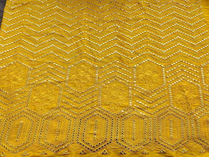 Mustard Silver Geometric Mirror Work Embroidered Satin Fabric