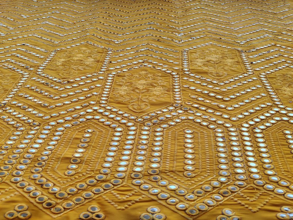 Mustard Silver Geometric Mirror Work Embroidered Satin Fabric