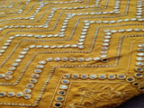 Mustard Silver Geometric Mirror Work Embroidered Satin Fabric
