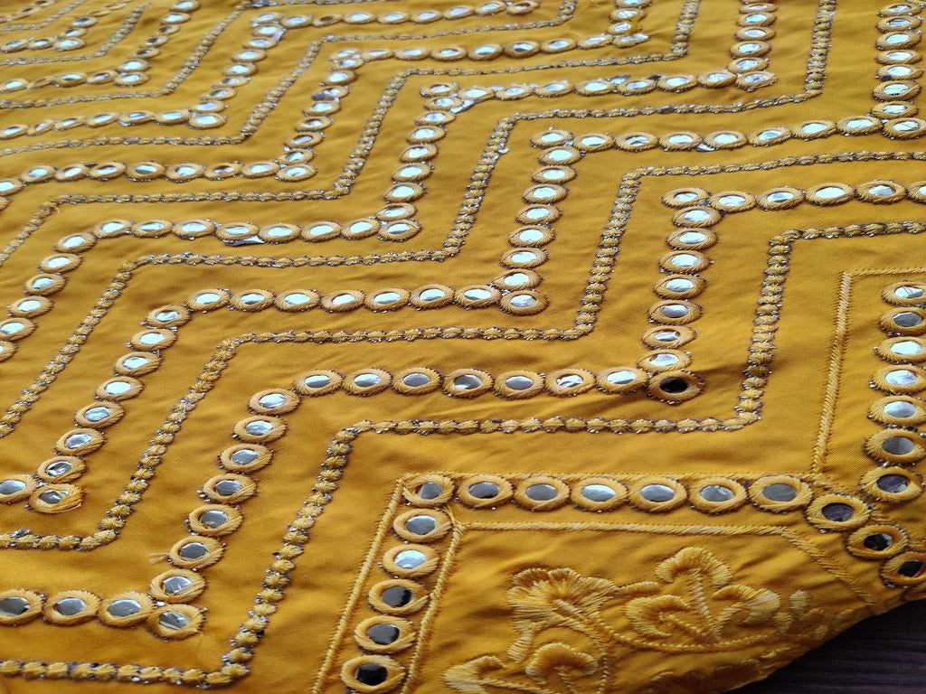 Mustard Silver Geometric Mirror Work Embroidered Satin Fabric