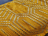 Mustard Silver Geometric Mirror Work Embroidered Satin Fabric