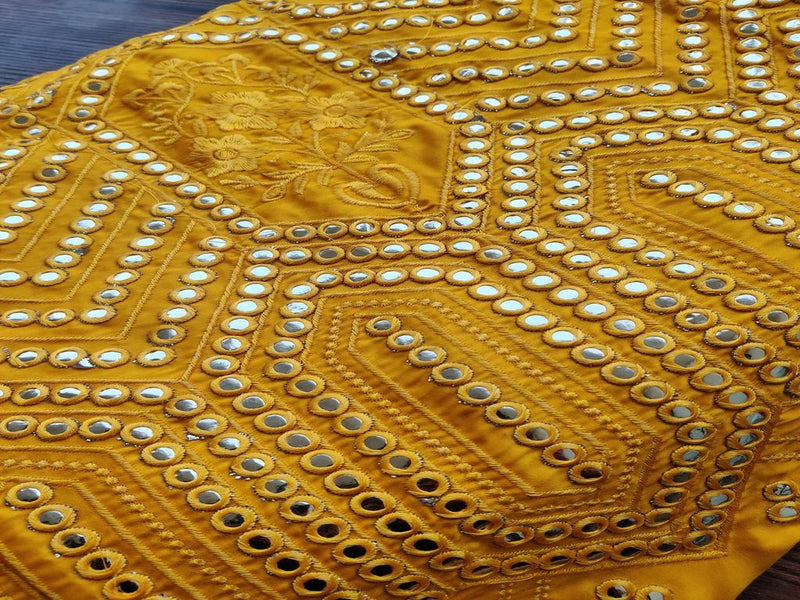 Mustard Silver Geometric Mirror Work Embroidered Satin Fabric
