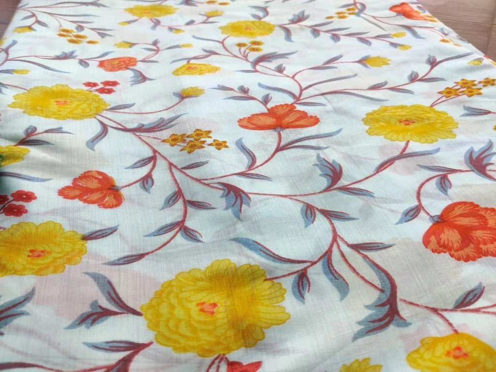 Sky Blue Multicolour Flowers Printed Muslin Cotton Fabric