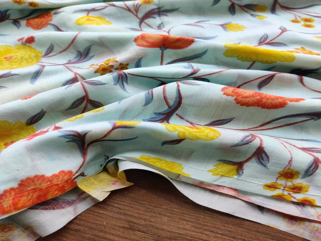 Sky Blue Multicolour Flowers Printed Muslin Cotton Fabric