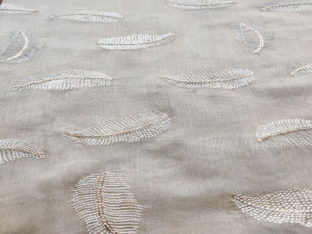 Beige Leaf Motifs Embroidered Chanderi Fabric