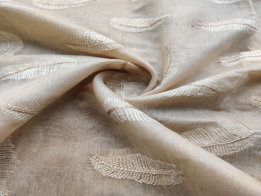 Beige Leaf Motifs Embroidered Chanderi Fabric