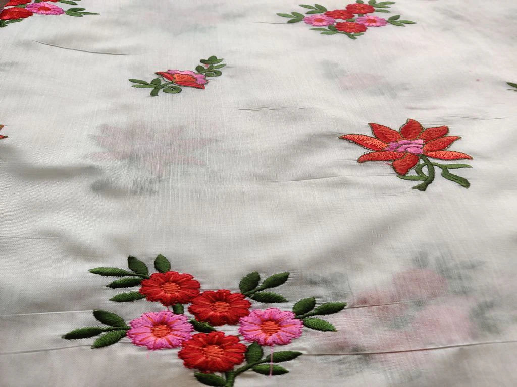 White Multicolored Flowers Embroidered Chanderi Fabric