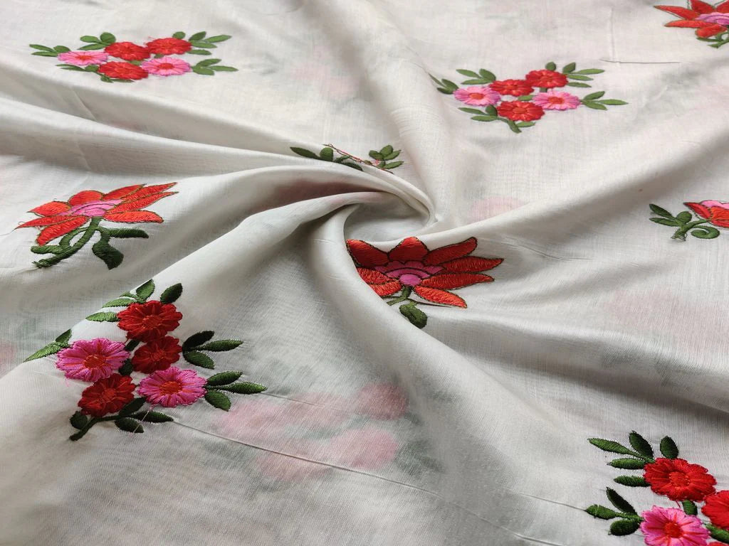 White Multicolored Flowers Embroidered Chanderi Fabric