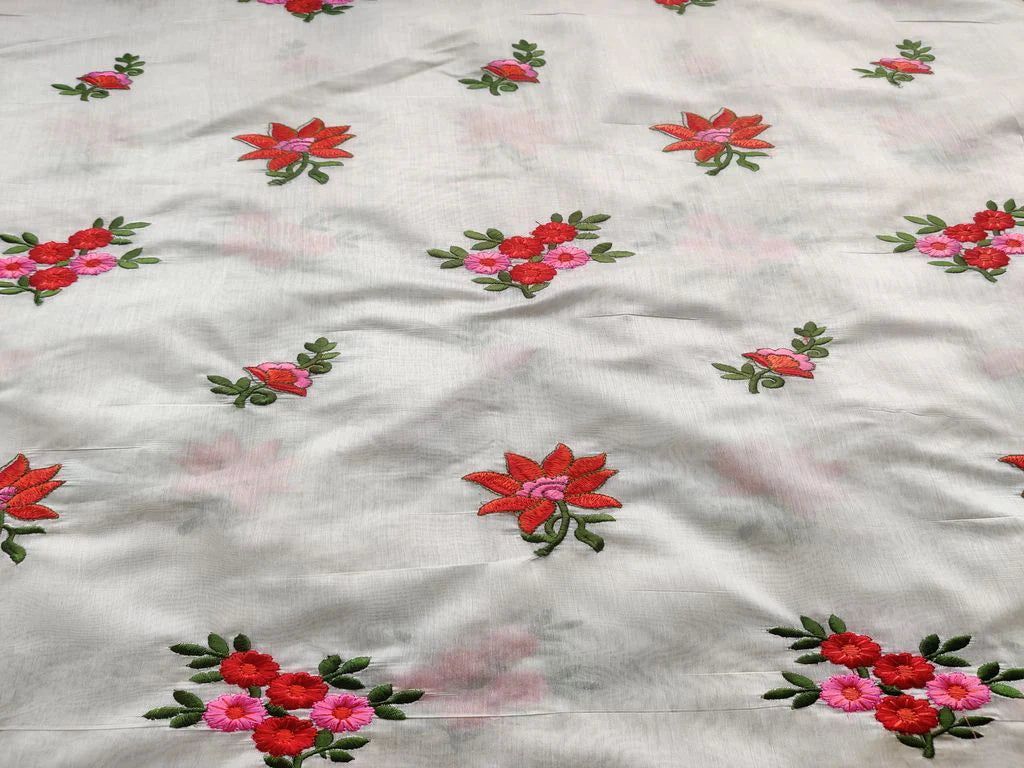 White Multicolored Flowers Embroidered Chanderi Fabric