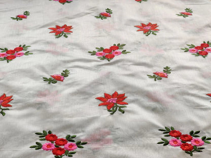 White Multicolored Flowers Embroidered Chanderi Fabric