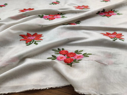 White Multicolored Flowers Embroidered Chanderi Fabric
