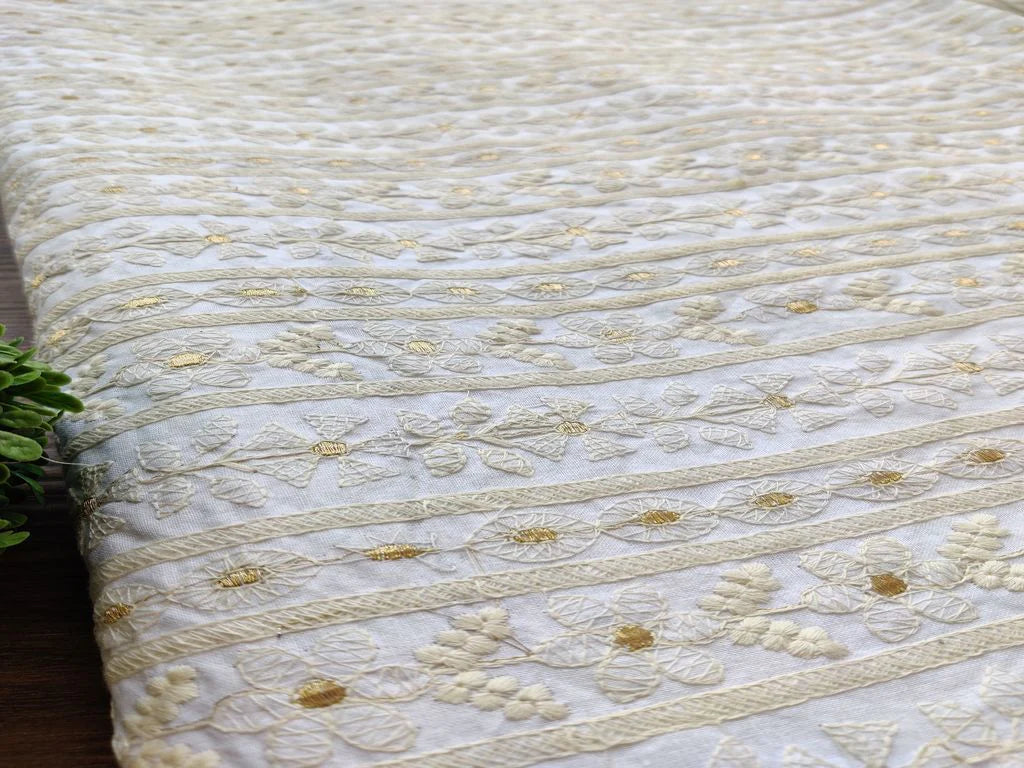 White Dyeable Floral Chikankari Embroidered Cotton Fabric