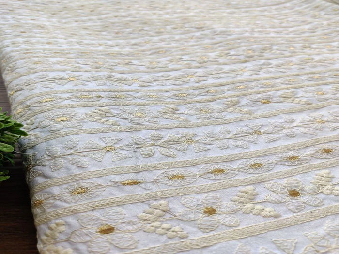 White Dyeable Floral Chikankari Embroidered Cotton Fabric