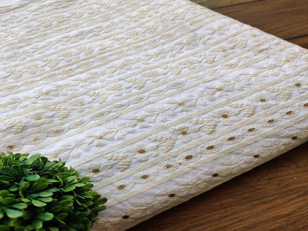 White Dyeable Floral Chikankari Embroidered Cotton Fabric