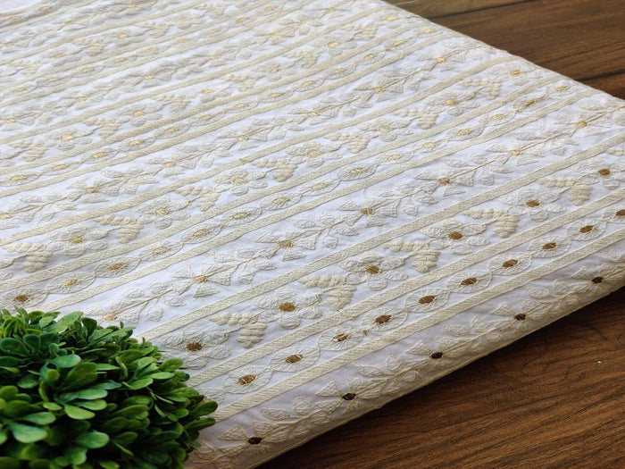 White Dyeable Floral Chikankari Embroidered Cotton Fabric