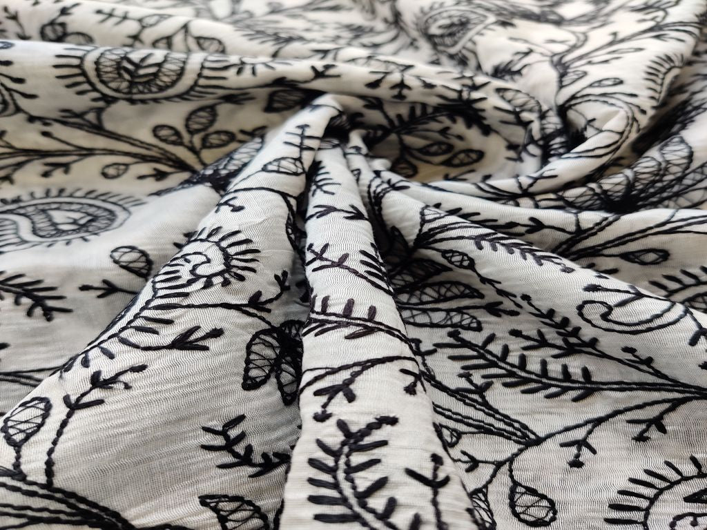 White Black Lakhnawi Flowers Embroidered Chanderi Fabric