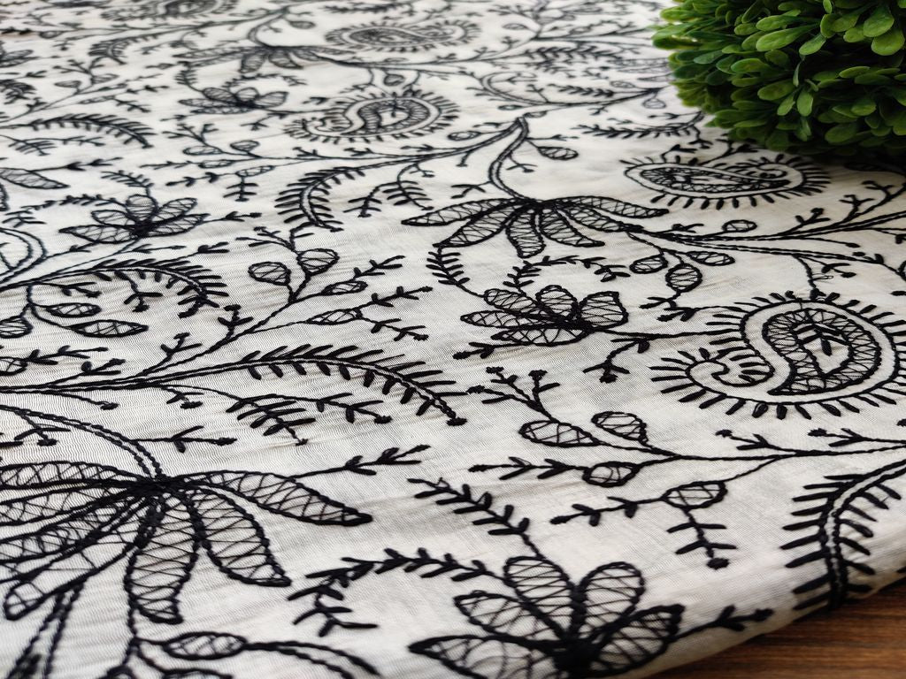 White Black Lakhnawi Flowers Embroidered Chanderi Fabric
