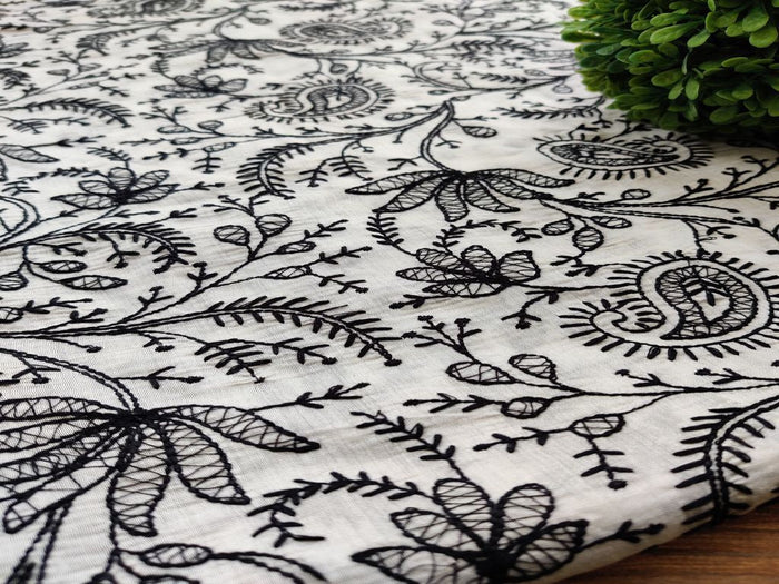 White Black Lakhnawi Flowers Embroidered Chanderi Fabric