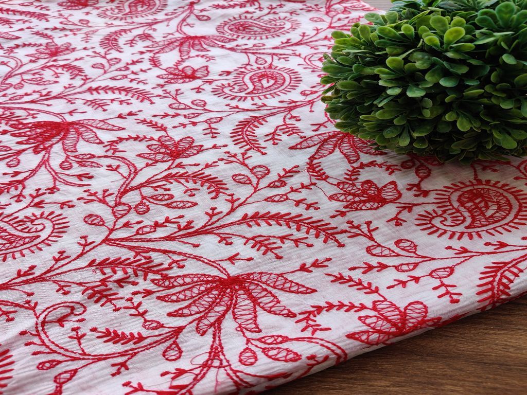 White Red Lakhnawi Flowers Embroidered Chanderi Fabric
