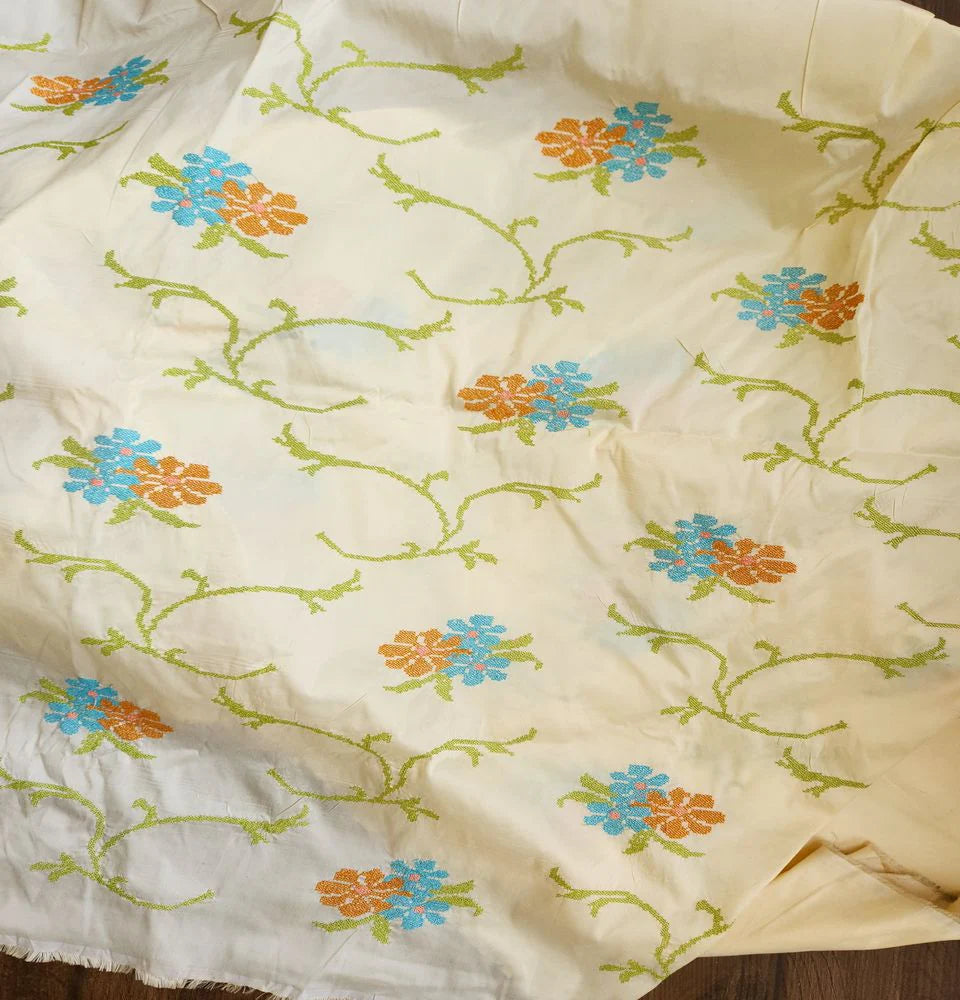 Cream Floral Cross Stitch Embroidered Taffeta Silk Fabric