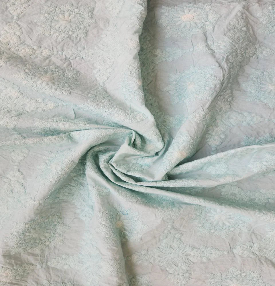 Sea Green Traditional Chikankari Embroidered Dyed Khadi Cotton Fabric